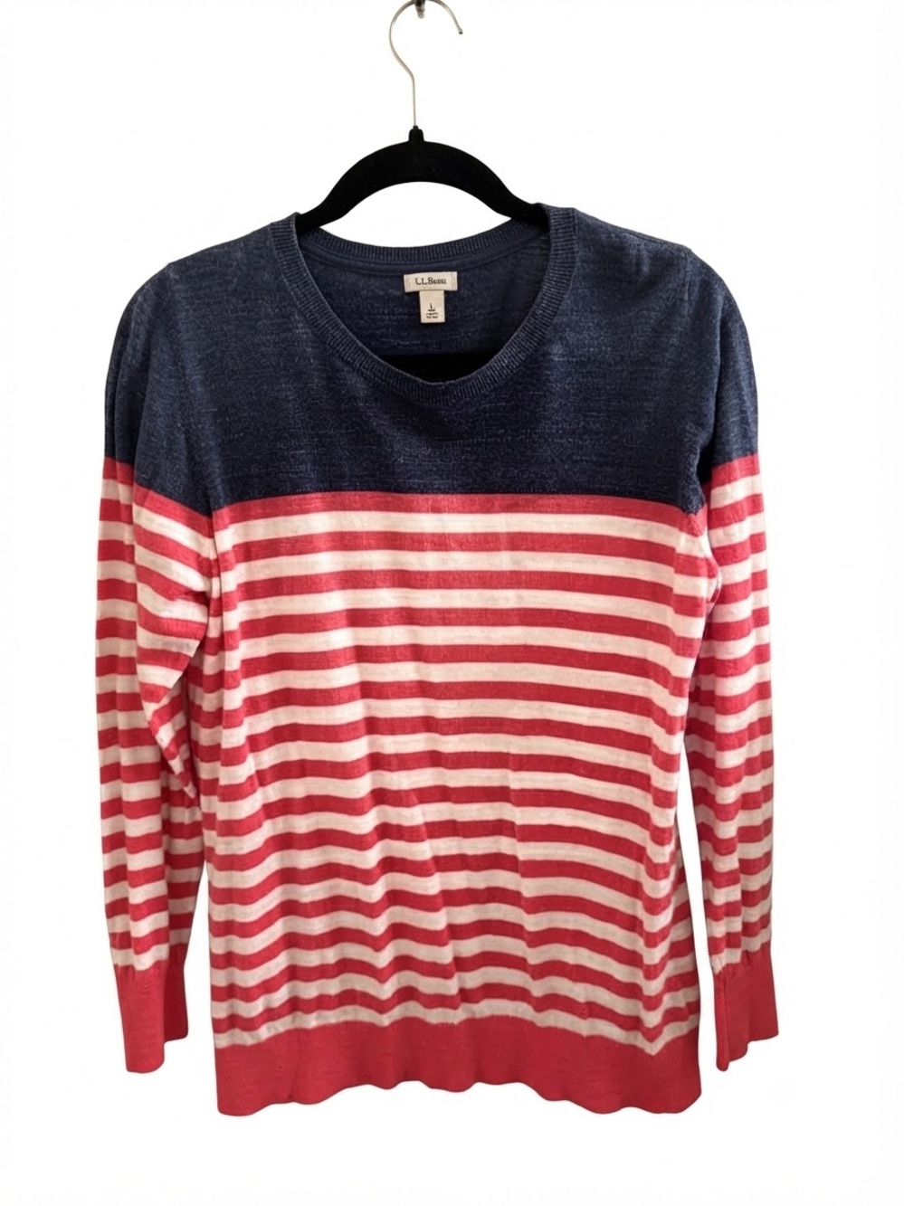 L.L. Bean Navy & Pink Striped Colorblock Crewneck Sweater Size Large